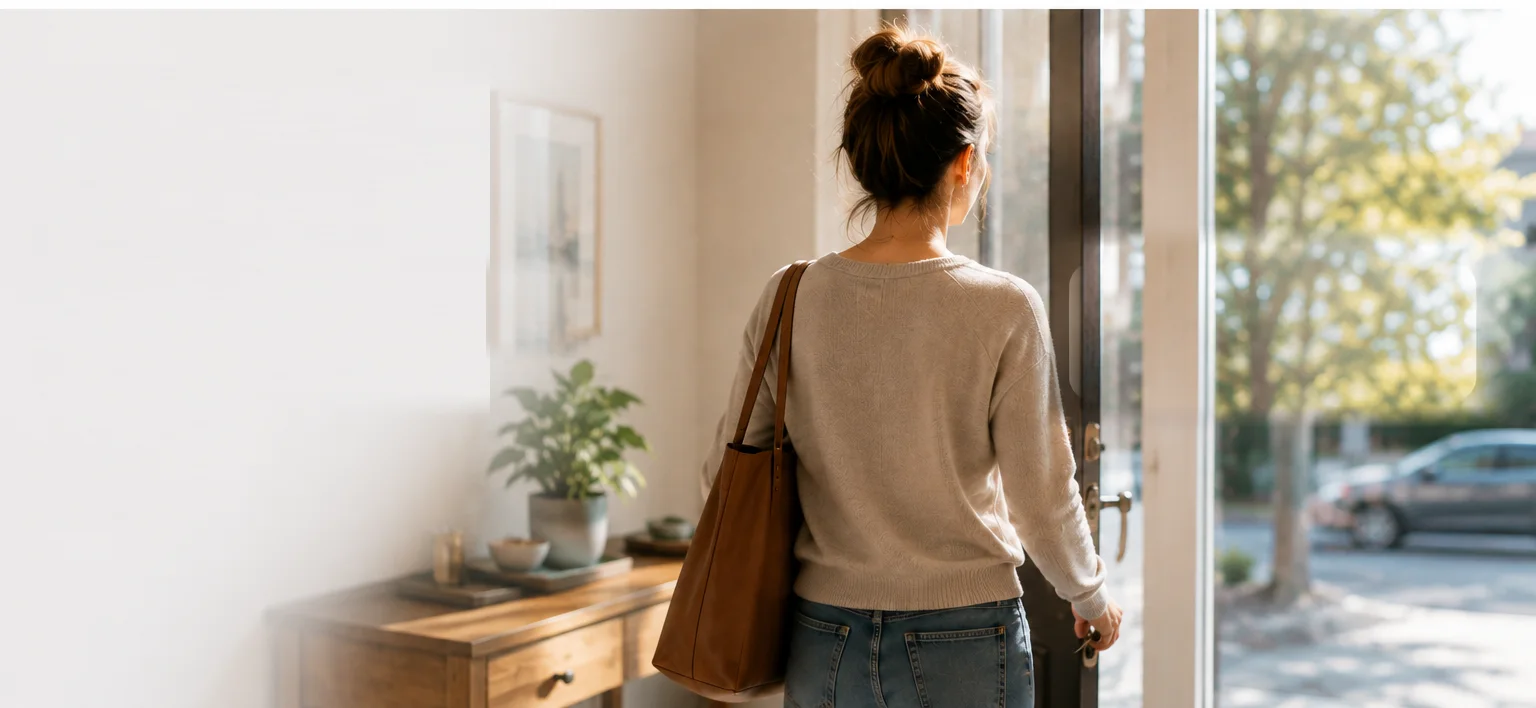 A woman leaving the house as Mia reminds her to pick up the cake