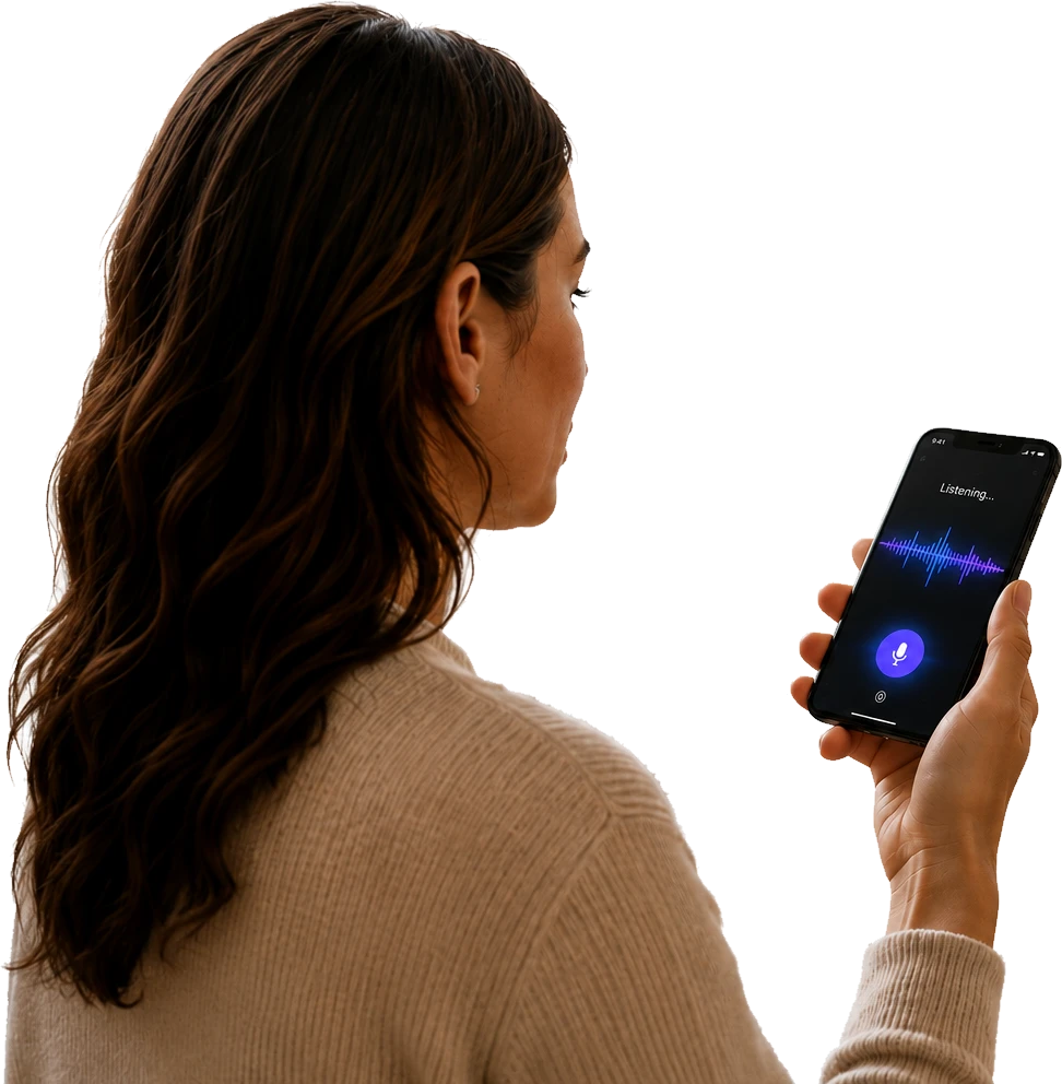 A woman speaking to Mia on her phone while she listens